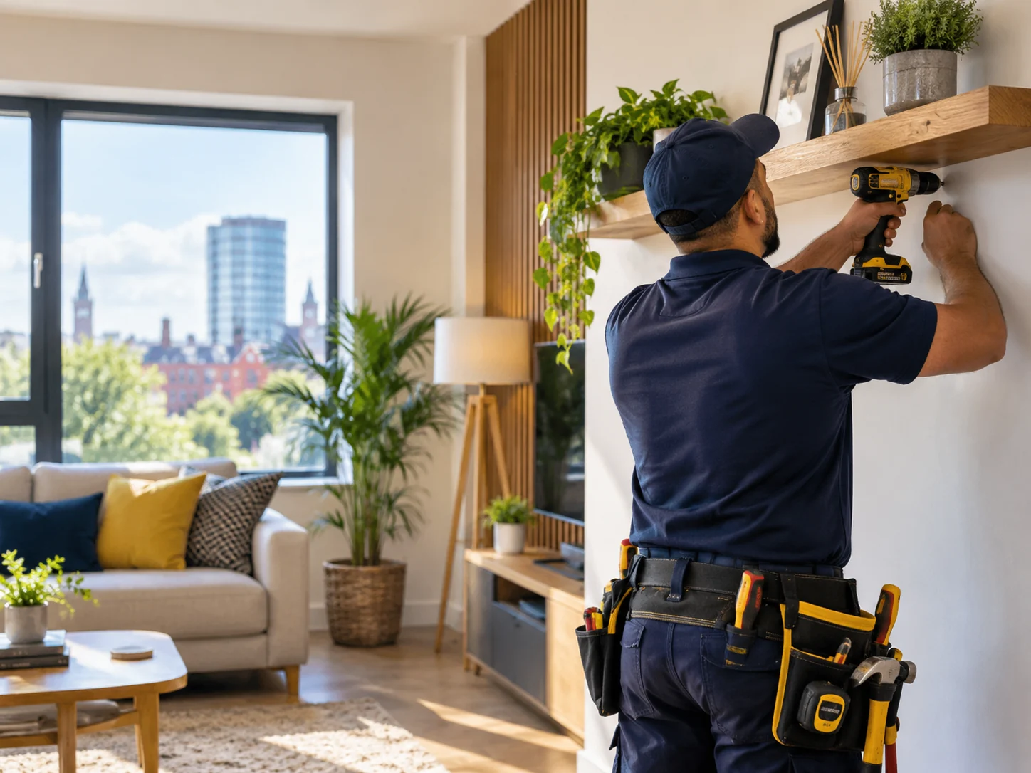 Handyman installing a shelf in a bright home; illustrative photography