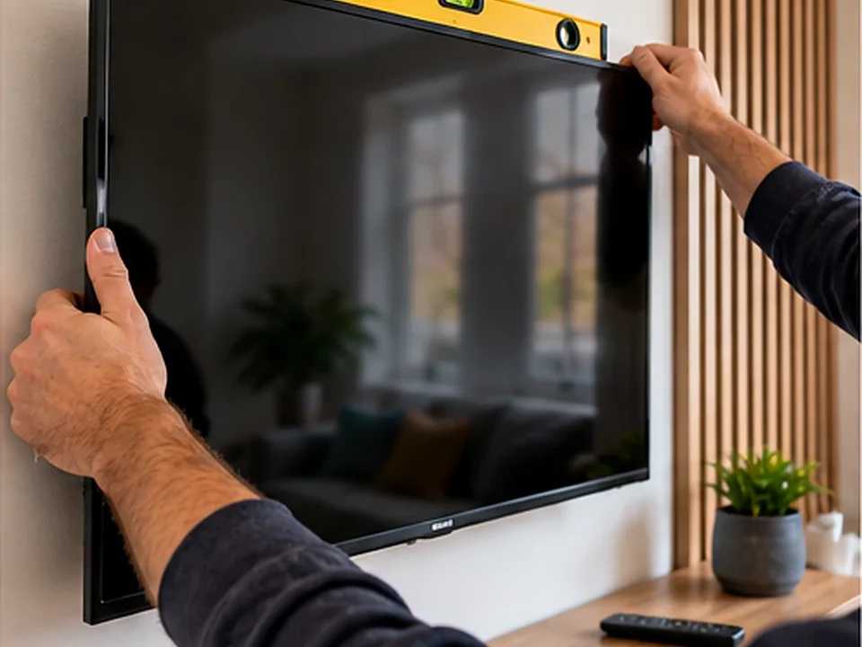 Wall-mounted television being carefully levelled