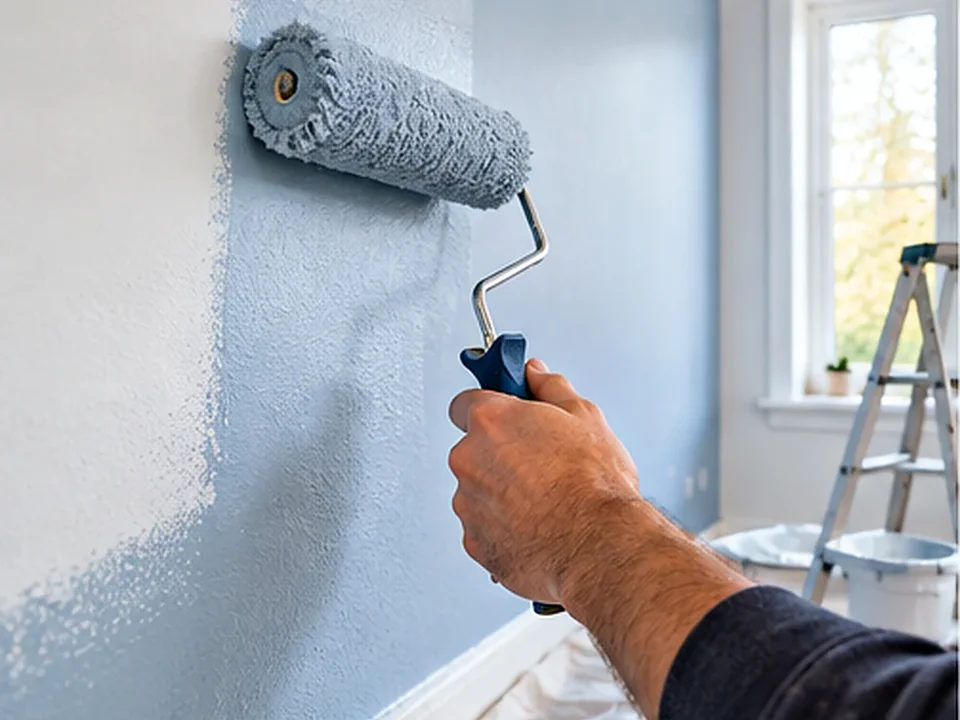 Paint roller applying a fresh finish to an interior wall
