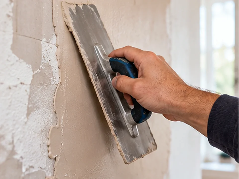 Plastering trowel smoothing a repaired wall