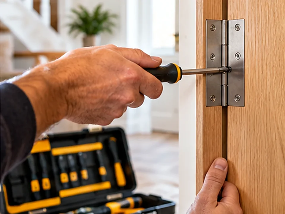 Door hinge being tightened during a household repair